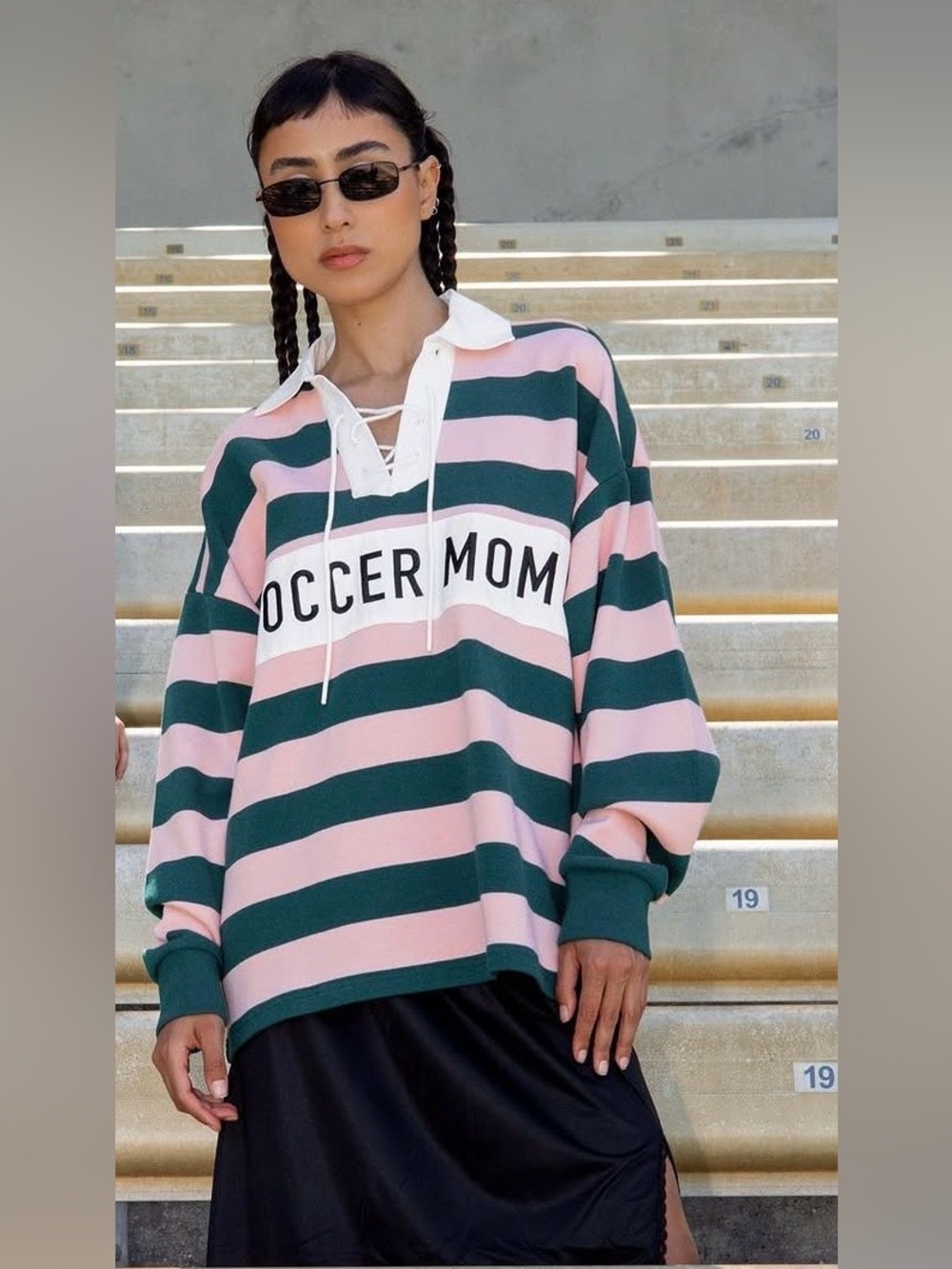 Teddy Fresh "Soccer Mom" Striped Lace-Up Rugby Long Sleeve Shirt Size L